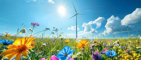 ai généré vent turbines sur une ensoleillé champ avec fleurs sauvages, mettant en valeur renouvelable énergie sources et leur coexistence avec la nature. photo