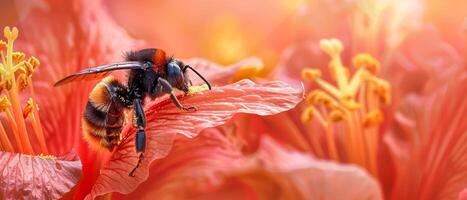 ai généré intime vue de abeille sur épanouissement fleur, écosystème rafraîchir photo