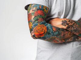 ai généré bras ouvrages d'art gag, faux tatouage manche, avril imbécile journée visuel farce photo