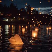 ai généré la nuit lanterne Libération pour victoria jour, symbolique de communauté unité et paisible réflexion plus de une tranquille corps de l'eau. photo