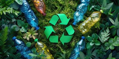 ai généré génératif ai, une recyclage logo signe fabriqué de froissé Plastique bouteilles, zéro déchets, réutilisation concept avec copie espace photo