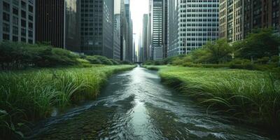 ai généré génératif ai, vert parc près gratte-ciel bâtiments, Urbain paysage, vert les espaces, durable vie, respectueux de la nature, horizon photo