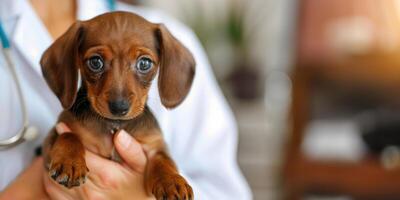 ai généré génératif ai, vétérinaire médecin est en portant dans mains mignonne petit chiot chien, vétérinaire clinique photo