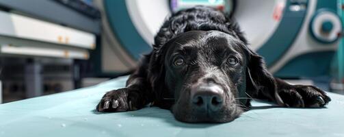 ai généré génératif ai, chien sur table à irm, examen dans vétérinaire chirurgie hôpital, vétérinaire clinique, bannière avec copie espace photo