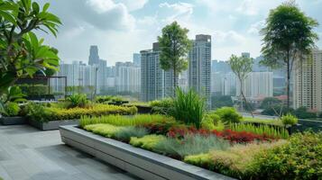 ai généré génératif ai, toit jardin dans une gratte-ciel bâtiment, Urbain agriculture, vert les espaces, durable vie, respectueux de la nature, horizon photo