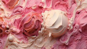 ai généré fermer de délicieux la glace crème boules de différent couleurs. la glace crème texture. proche en haut de rose et blanc fouetté crème texture. photo
