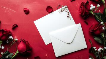 ai généré Vide blanc carte avec blanc enveloppe et rouge Rose fleurs sur rayé ancien bureau - Valentin et l'amour concept. photo