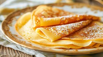 ai généré une portion de crêpes est sur une plaque. maslenitsa. photo