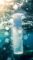 ai généré une cosmétique bouteille immergé dans nettoyer l'eau. photo