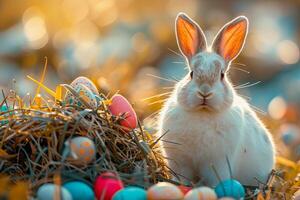 ai généré mignonne lapin entouré par coloré Pâques des œufs dans une fabuleux printemps forêt dans le Matin. ai généré. photo