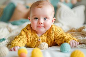 ai généré une positif Trois mois vieux bébé mensonges sur le sien ventre et pièces avec hochets. ai généré. photo