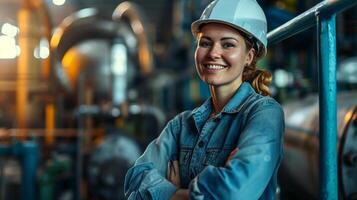 ai généré souriant femelle ouvrier dans moderne industriel environnement travail photo