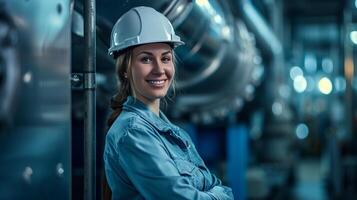 ai généré souriant femelle ouvrier dans moderne industriel environnement travail photo