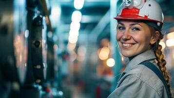 ai généré souriant femelle ouvrier dans moderne industriel environnement travail photo