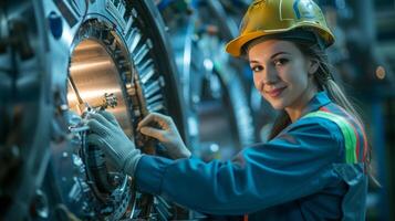 ai généré souriant femelle ouvrier dans moderne industriel environnement travail photo