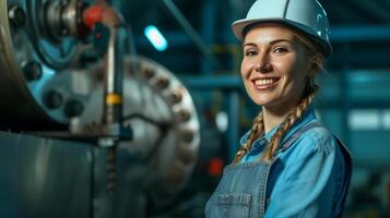 ai généré souriant femelle ouvrier dans moderne industriel environnement travail photo