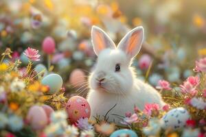 ai généré mignonne lapin entouré par coloré Pâques des œufs dans une fabuleux printemps forêt dans le Matin. ai généré. photo