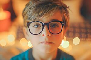 ai généré fermer portrait de une petit intelligent sérieux garçon portant lunettes. ai généré. photo