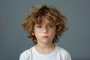 ai généré fermer portrait de une petit intelligent sérieux garçon portant lunettes. ai généré. photo