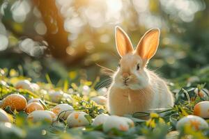 ai généré mignonne lapin entouré par coloré Pâques des œufs dans une fabuleux printemps forêt dans le Matin. ai généré. photo