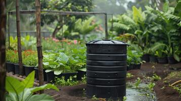 ai généré génératif ai, eau de pluie récolte système dans le jardin avec baril, écologique réutiliser l'eau concept photo