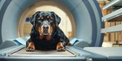 ai généré génératif ai, chien sur table à irm, examen dans vétérinaire chirurgie hôpital, vétérinaire clinique, bannière avec copie espace photo