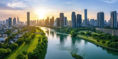 ai généré génératif ai, vert parc près gratte-ciel bâtiments, Urbain paysage, vert les espaces, durable vie, respectueux de la nature, horizon photo