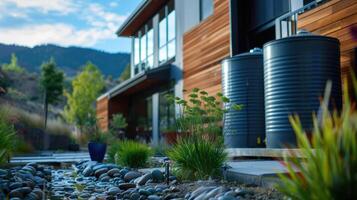 ai généré génératif ai, eau de pluie récolte système dans le jardin avec baril, écologique réutiliser l'eau concept photo