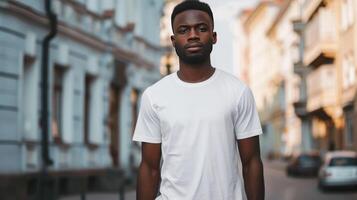 ai généré attrayant noir homme avec Vide T-shirt pour maquette avec ville Contexte photo