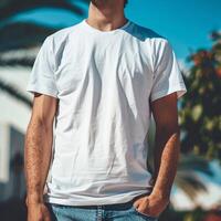 ai généré homme blanc T-shirt Vide maquette photo