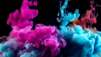 ai généré peindre laissez tomber encre dans eau, explosion fumée, bleu rose Couleur fluide éclaboussure vapeur nuage sur briller poussière texture noir abstrait art Contexte établi avec génératif ai photo