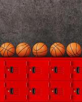 une basketball sur une rouge cabinet avec un vieux ciment Contexte. photo