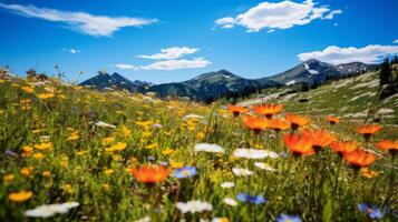 ai généré idyllique vue de une Prairie avec vaches et alpin chalets photo