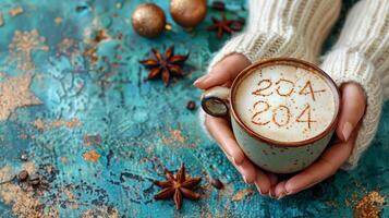 ai généré dans fête de le Nouveau année 2024, une café tasse avec le nombre 2024 sur mousseux surface est tenue par une femme plus de une rustique bleu arrière-plan, tandis que un autre a étoiles sur ses surface. photo