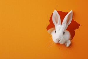 ai généré une lapin culminant de une trou dans un Orange toile de fond photo