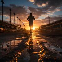 ai généré silhouette de une homme fonctionnement à le coucher du soleil ou lever du soleil. le jogging sur le piste. génératif ai photo