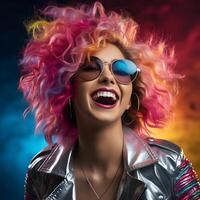 ai généré souriant asiatique rock star femme avec coloré frisé cheveux. modèle posant pour photo tirer. génératif ai