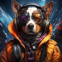 ai généré cyberpunk chien portant veste et écouteurs. cool chien illustration. génératif ai photo