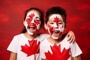 ai généré Canada enfant Supporter avec drapeau visage peindre . .génératif ai photo