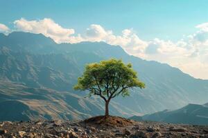 ai généré une arbre permanent grand contre une montagne.ai génératif photo