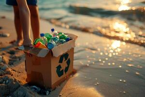 ai généré mains en portant une recyclage boîte rempli avec divers recyclable articles sur plage ..environnement journée concept. génératif ai photo