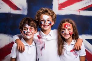 ai généré Angleterre enfant Supporter avec drapeau visage peindre . .génératif ai photo