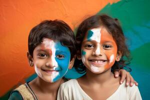 ai généré Inde enfant Supporter avec drapeau visage peindre . .génératif ai photo