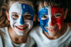 ai généré français Supporter avec drapeau visage peindre . France olympique concept .génératif ai photo