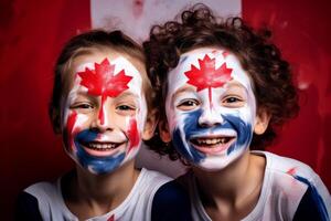 ai généré Canada enfant Supporter avec drapeau visage peindre . .génératif ai photo