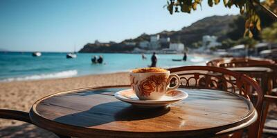 ai généré une tasse de café sur le table avec une magnifique plage voir. génératif ai photo