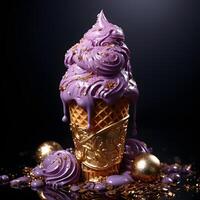 ai généré violet la glace crème avec or Garniture isolé sur foncé Contexte. égouttage et fusion la glace crème. génératif ai photo