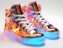 ai généré futuriste et coloré holographique des chaussures avec lueur effet. cool chaussure. génératif ai photo