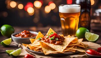 ai généré mexicain Nachos frites avec ketchup et Bière photo