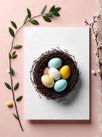 ai généré Pâques carte avec œufs, minimaliste Pâques carte modèle, content Pâques carte, Pâques fond modèle photo